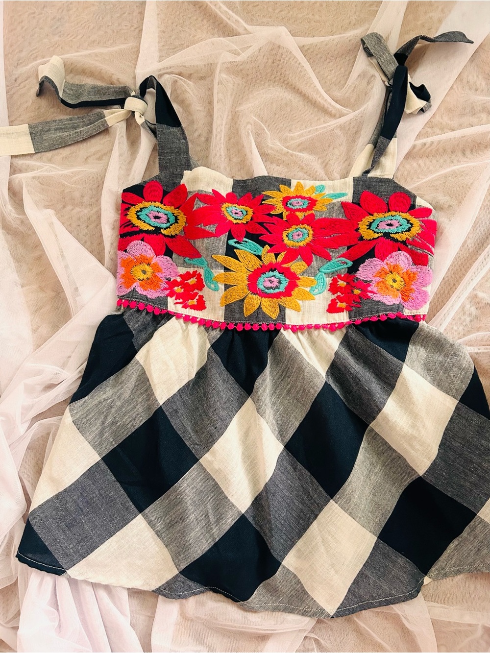 THML Black & White Gingham Dress with Bright Floral Embroidery